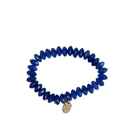 Cobalt Blue Glass Beaded Stretch Bracelets With Rhinestone Charm Accents - Picture 6 of 9